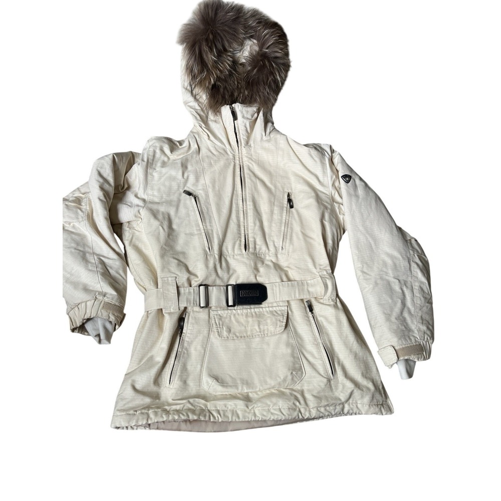 Women's Cream Postcard Anorak Ski Coat Small Fur Lined Belted Winter Snow Parka‎